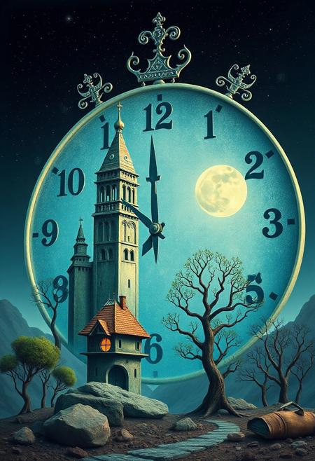 realistic photo ral-frctlgmtryshapes and melting clocks with odd buildings and strange trees