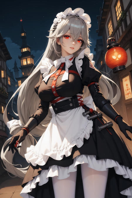 imtdrina, very long hair, red eyes, maid headdress, maid, bangs, large breast, grey hair, frills, gloves, apron, hair between eyes, dress, long sleeves, white pantyhose, bow, puffy sleeves