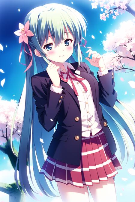 ((masterpiece, high quality, best quality)),
1girl, solo, skirt, cherry blossoms, flower, green hair, jacket, blue eyes, shirt, looking at viewer, smile, school uniform, plaid, hair flower, pleated skirt, hair ornament, outdoors, bangs, plaid skirt, ribbon, pink flower, long sleeves, neck ribbon, tree, blazer, dutch angle, long hair, collared shirt, blush, closed mouth, petals, cowboy shot, hair between eyes, pink ribbon, open jacket, open clothes, standing, grey jacket, from below, hands up,
<lora:kusukusu_style-v2.0:1.0>