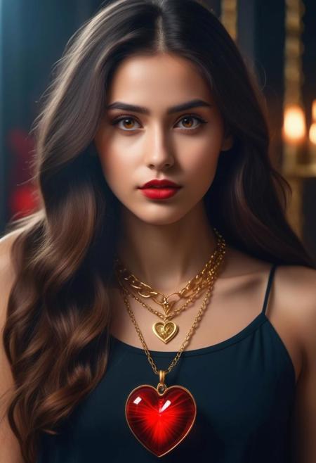 A beautiful magical gorgeous shy girl with absurd long hair and dark brown eyes wears a gold chain glass necklace with inside the glass red human muscle heart. (((SFX and VFX, accurated details)))