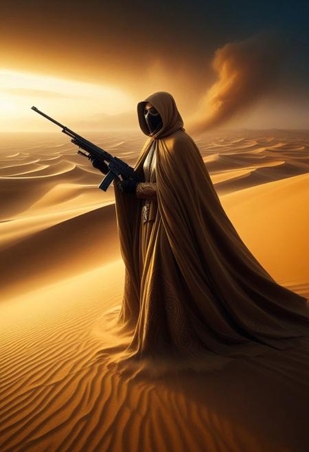 masked desert warrior, sleek futuristic sand-infused armor, long flowing cape made of shifting dust, holding an ornate rifle with glowing runic engravings, scanning the horizon for prey, background: vast endless dunes, an enormous sandstorm slowly consuming the land, futuristic nomadic settlement hidden within the desert, warm golden hues contrasting with deep shadowed areas, cinematic composition, hyper-detailed, atmospheric depth