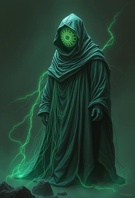 - +++D3crypt.exe walks draped in a robe of static thread, its singular glowing eye built from cipher runes that rotate mid-air. Emanating psychic code and mental intrusions, it scans reality as an encrypted console—broadcasting thoughtforms via broken signal text.