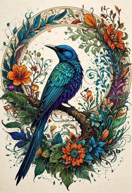 Finely detailed vector illustration, botanical study, bird, ultra realistic quality, circle symbol, white background, hyperdetailed, intricately detailed,  triadic colors,fantastical,intricate detail,splash screen,complementary colors, fantasy concept art, 8k resolution, masterpiece, ink on old paper, calligraphy,