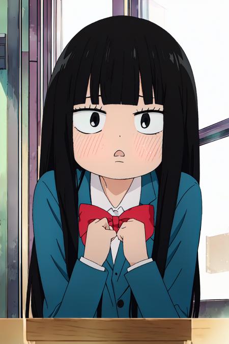 ((best quality)),((highly detailed)),masterpiece,absurdres,detailed face,beautiful face,((detailed eyes, deep eyes)),(1girl),((dynamic pose)),<lora:SawakoV1:1>chibi sawako, 1girl, black hair, solo, long hair, school uniform, blush, bangs, blunt bangs, jacket, black eyes, blazer, bow, red bow, shirt, hime cut, chibi, frown, bowtie, upper body, indoors, long sleeves, window, red bowtie, collared shirt, white shirt, clenched hands, blue jacket, triangle mouth