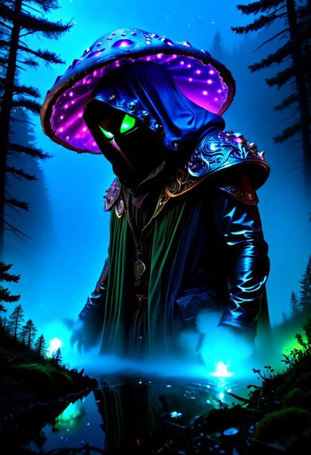 ((8k UHD very sharp and detailed photo of landscape:1.3)), Macro detailed realism style photograph, ((1monster, The robe’s hood is large and casts a shadow over most of the face, but glowing violet eyes are visible through the darkness. The entity wears a mask crafted from multicolored shimmering Crystal, Mask, with a smooth surface and two simple eye holes glowing faintly in purple. The entity exudes an aura of mystery and power, with an ethereal and dream-like appearance. The edges of the cloak seem to dissolve into a misty, cosmic energy, and faint, glowing symbols swirl around its form like drifting constellations)), demonic creature, cinematic light, deep shadows, night, dark, low light, epicly detailed scenery, aesthetic medieval settlement, ((strange creatures are walking around:1)), calm waters of lake, mushroomz, pine trees, wooden bridges, poor hats, starry sky, moon, ((forest of detailed gigant glowing shrooms:1.3)), big mushrooms, ((magneta and green rays)), unreal world photo, ((very eerie atmosphere)), ((vivid colors||high contrast||volumetric light:1.2)),
BREAK
(((extremely detailed sharp photo:1.4))),(((masterpiece,best quality,ultra_detailed,highres,absurdres:1.2))),
<lora:neg4all_bdsqlsz_xl_V9:2>,
embedding:SDXL_POS,