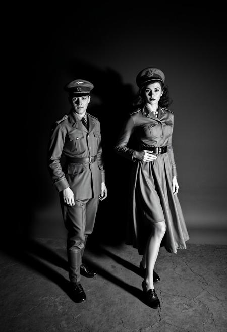 two military officers, vintage uniforms, black and white, dramatic lighting, surreal, werewolf shadow, cracked concrete floor, eerie atmosphere, authoritarian aesthetic, hidden identity, 1940s style, high contrast photography, cinematic composition, vintage pin-up realism, glamorous and playful feminine poses, soft luminous skin tones, bright and saturated color palette, mid-century Americana aesthetic, expressive and dynamic composition, flowing dresses and classic 1950s fashion, charming and flirtatious expressions, airbrushed smooth shading, idealized beauty with a nostalgic touch