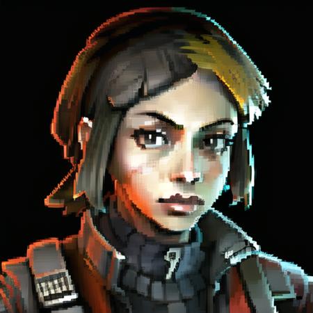 , (masterpiece:1.3), ((best_quality)), (absurdres), 1girl, portrait, simple_background, black_background, <lora:starsector portraits original:0.6> , (may_\(pokemon\):1.3)