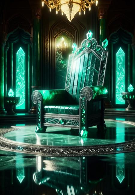 emeraldmorph moonlit throne room, dim lighting, reflection, cinematic lighting