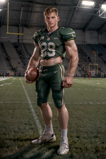 On a football field, holding a football, BrandonBangs, American football player wearing (apple green American football uniform), (((full body portrait))), full body shot, wide angle <lora:BrandonBangs:0.8>