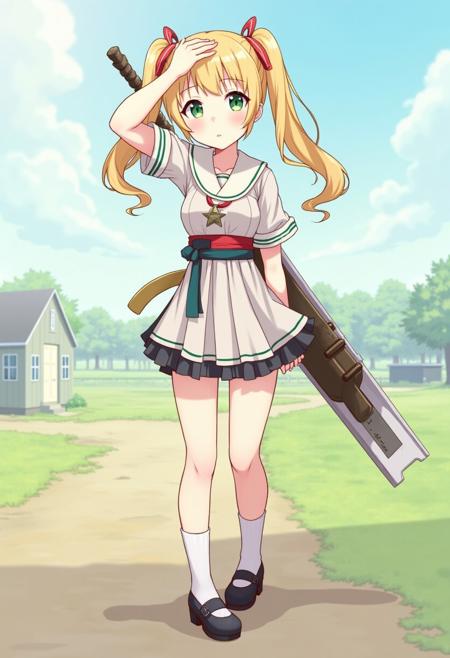 1girl, hand on own head, weapon on back, twintails, green eyes, standing, full body, looking at viewer, outdoors, 2d, anime