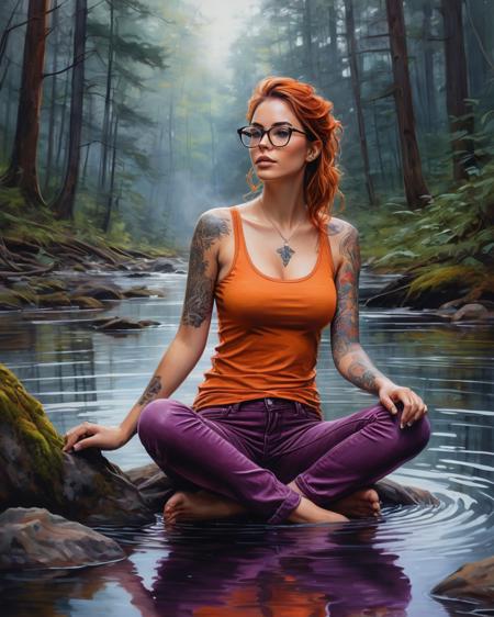 subject: an extremely detailed sketch of a woman in orange|purple|burgundy jeans with glasses and full breasts with a pondering look on her face, sitting in a light water stream, revealing tank top, some tatoos,
background: a dark forest with fog rolling in over the ground
material: water color
additional settings: extreme detail, rays, abstract, epic, 8k, realistic painting, studio lights