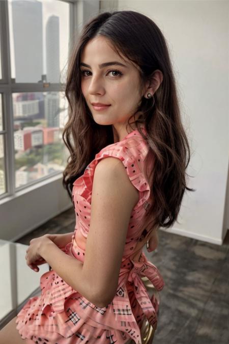 wearing a business suit, Watermelon blouse,  birthday party  <lora:Monica1873Bar:1> a woman, m1873b, solo,