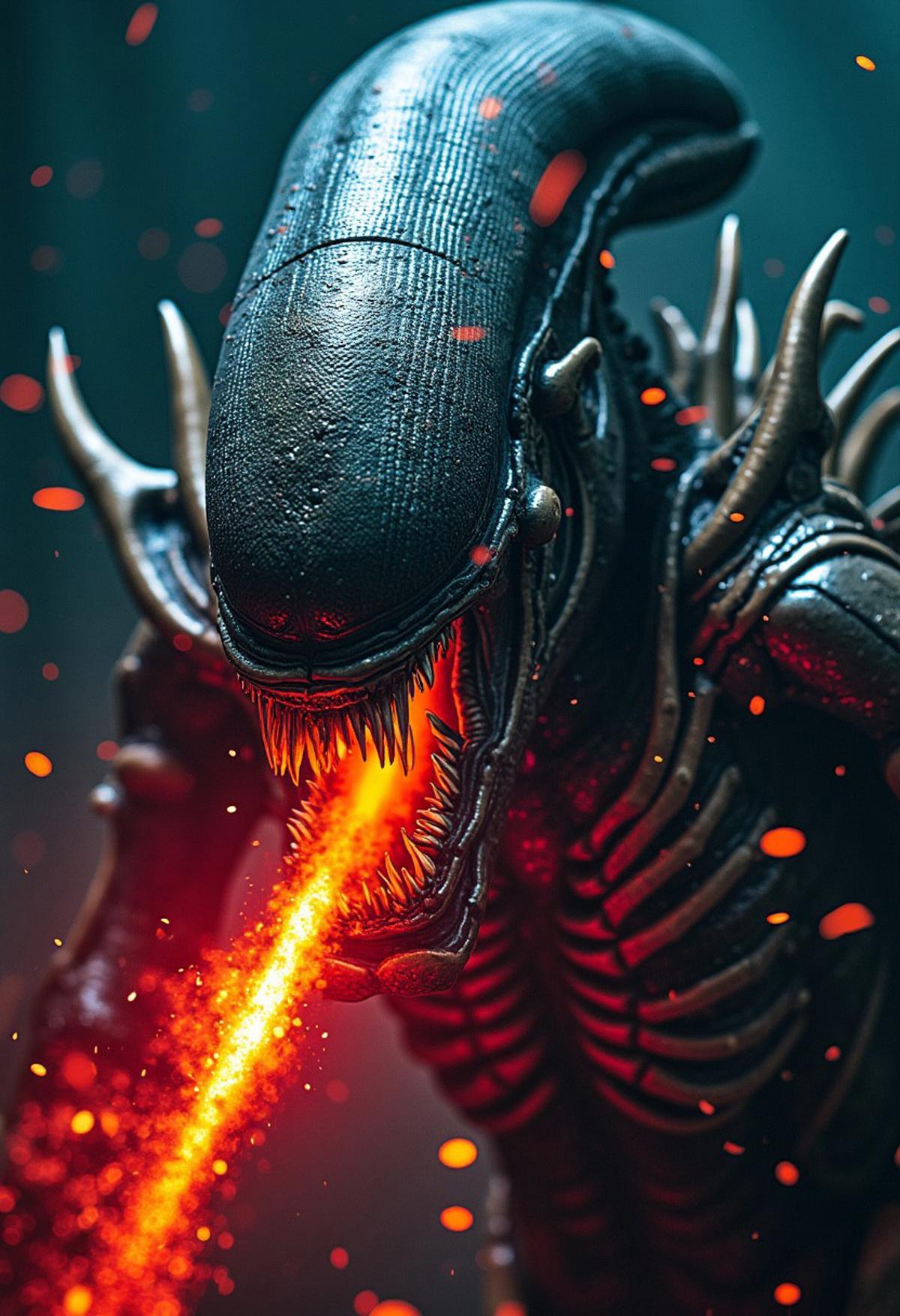 Design a 4k poster featuring a complex Xenomorph theme with a complex front view looking at me headshot of a Xenomorph snapping raged with anger spitting --acid 100 flares flying everywhere, --q 200 --glitchcore 900.