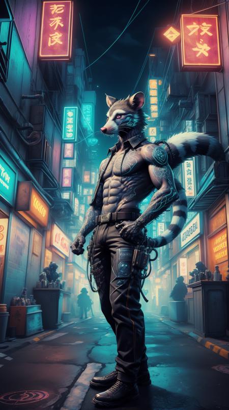 <lora:C7b3rp0nkStyle:1> C7b3rp0nkStyle character portrait of a male anthro opossum fursona with a tail and a cute beautiful attractive detailed furry face wearing a dress shirt and slacks outside a city tattoo parlor. Character design by charlie bowater, ross tran, artgerm, and makoto shinkai, detailed, inked, western comic book art, colorful, cyberpunk style, neon lights, dark mood, high contrast, (Masterpiece:1.3) (best quality:1.2) (high quality:1.1)