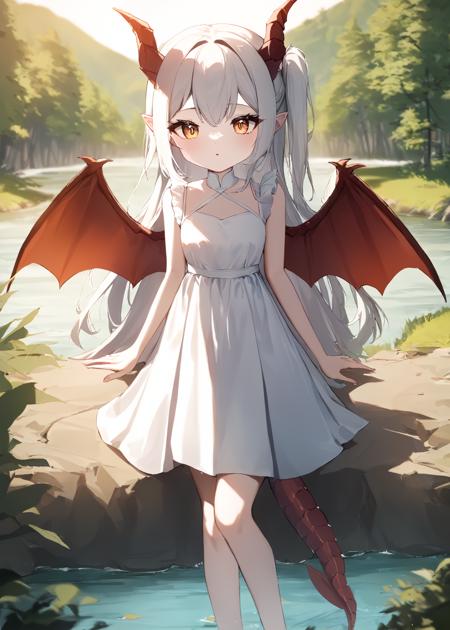 1girl,
solo, dragon girl,  dragon tail, dragon wings, dragon horns, white dress, long hair, side up, river, tree, forest,
masterpiece, best quality, absurdres, highres, recent, newest, sensitive