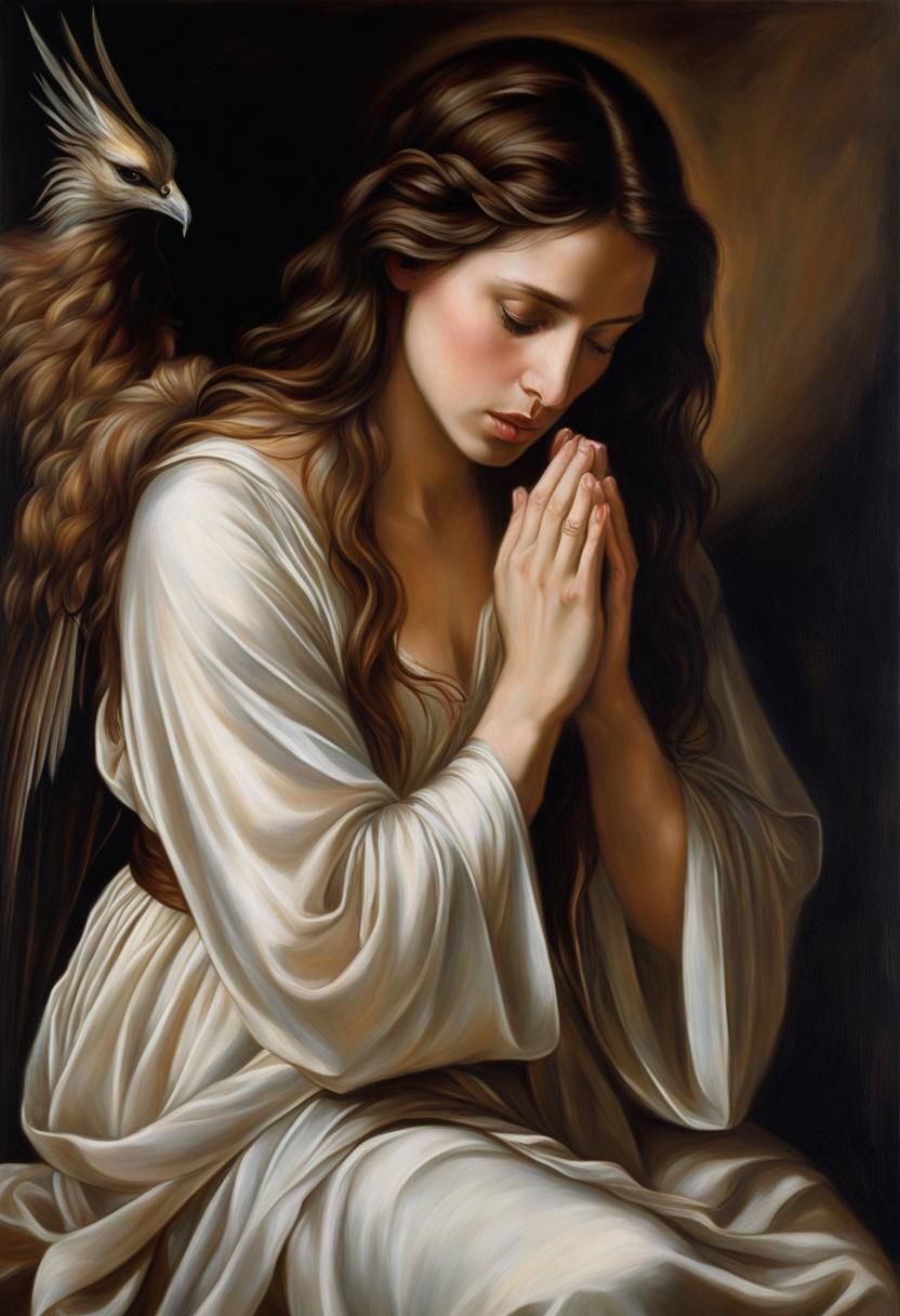 Intimate oil painting,inspired by Caravaggio and El Greco BREAK (Penitent Mary Magdalene:1.3),Kneeling in remorse,Tear-streaked face,(Humble attire:1.2),(Contrite posture:1.2),(Soft glow:1.2) BREAK (Gentle angels:1.3),Gracefully hovering,(Ethereal presence:1.2),(Subtle radiance:1.2),(Seraphic companions:1.3) BREAK Muted surroundings,Sacred atmosphere,(Spiritual introspection:1.2),Executed with masterful strokes,Rich chiaroscuro,Evocative emotion.,