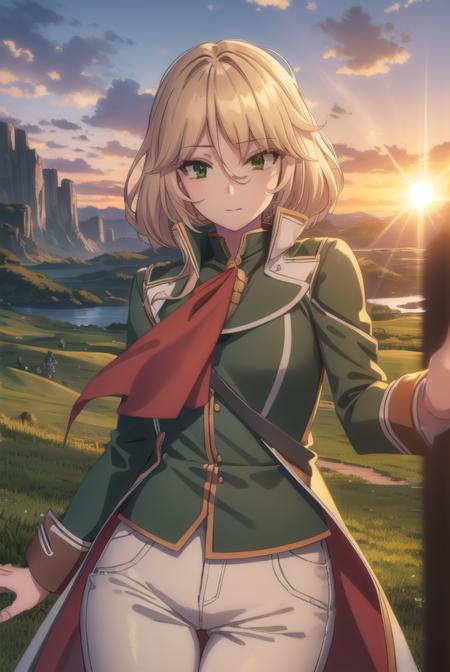 healerblade, <lora:healer blade s1-lora-nochekaiser:1>,
blade, blonde hair, (green eyes:1.5), short hair, hair between eyes,
BREAK long sleeves, pants, cape, uniform, military, ascot, white pants,
BREAK outdoors, forest, nature, trees, grass, sun, sky, clouds,
BREAK looking at viewer, (cowboy shot:1.5),
BREAK <lyco:GoodHands-beta2:1>, (masterpiece:1.2), best quality, high resolution, unity 8k wallpaper, (illustration:0.8), (beautiful detailed eyes:1.6), extremely detailed face, perfect lighting, extremely detailed CG, (perfect hands, perfect anatomy),