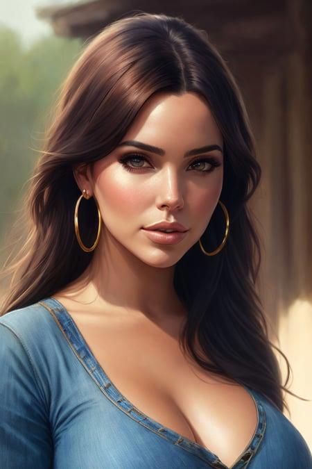 picture of (pwool3n:1), a woman (wearing hoop earrings), (wearing a tight top with neckline), (wearing blue jeans:1.2), (riding on horseback), modelshoot style, (extremely detailed CG unity 8k wallpaper), photo of the most beautiful artwork in the world, professional majestic oil painting by Ed Blinkey, Atey Ghailan, Studio Ghibli, by Jeremy Mann, Greg Manchess, Antonio Moro, trending on ArtStation, trending on CGSociety, Intricate, High Detail, Sharp focus, dramatic, photorealistic painting art by midjourney and greg rutkowski, (looking at viewer), (detailed eyes:1.2)