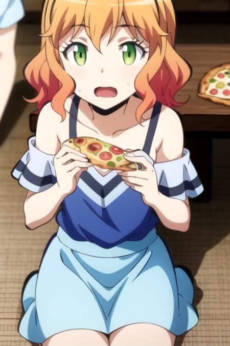 masterpiece, highres, 1girl,  <lora:HinanoKurahashiR4:0.7>,HinanoKurahashiR4, green eyes, orange hair,blue dress,can,denpa onna to seishun otoko,food,food on face,off shoulder,open mouth,pizza,skirt,solo,touwa erio,