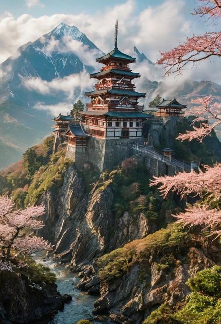 their peaks veiled in mist. mixed media, surrealism, Japan, great lighting, A surreal landscape highly detailed . extremely high-resolution details,  appears trapped in an optical illusion of reflections and refractions colorful , Japanese castles built on mountains, professional photography, natural lighting, volumetric lighting maximalist. intricately detailed, complex, elegant, expansive, fantastical, film photography style,  medium grain