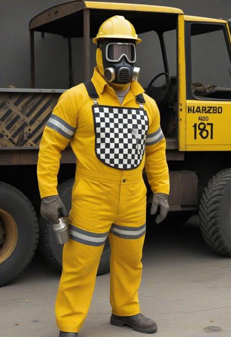 mechanical 1970s construction worker suit with welding mask , colors are construction vehicle yellow with black hazard stripes , he has a big metal shield with re and white checkers and hazard