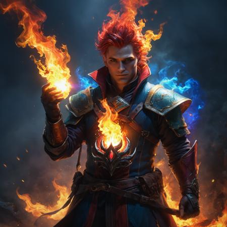 pyromancer holding rainbow fire in his hand âv 5.2 ,trending on artstation, cinemagraphic,  details,  , masterpiece,<lora:xl_more_art-full_v1:0.96>