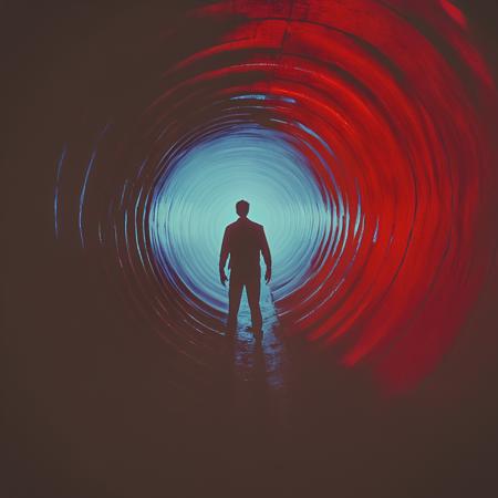 <lora:SurrealHorrorMovieSDXL:1> Surreal Retro Horror movie Still, The image shows a man standing in the middle of a red and blue tunnel with a dark background., silhouette, 1boy, solo, male focus, standing, red theme, from behind, short hair, facing away, monochrome