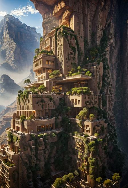(The colonial city of the future, in the mist-filled Grand Canyon, on an unknown Earth-like planet, 2 moon on sky, Spaceship flight connects colonies, waterfulls:1.3), (Machu Picchu, a mountain settlement, incredibly spectacular:1.2), (Mario Botta:1.3), (avant-garde, future, reality, science fiction, photorealistic), (modern architecture:1.2), 
(Large Files, Ultra Realistic, 8K, 16k, FHD, HD, VFX, Perfect, Photography, composition, Architecture Sales Photography, Architecture Competition, Ultra High Resolution, Cinematography, High Resolution Image:1.1), (dramatic lighting, direct sunlight, ray tracing, clear shadow:1.2),  (real landscape:1.1), (blurred background:1.0), (urban background, more_details) ,
ac_neg1, great lighting, clear, hillscastel, extrusionbuilding, vertical