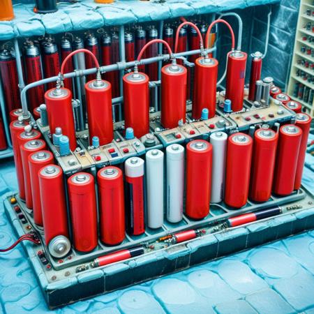 a laboratory frozen in time, walls covered with ancient prototypes of cylindrical batteries, robotic arms assembling miniature cores, central coil chamber pulsing with unstable voltage, backup power flickering in red, B4TT3R13S, made of batteries
