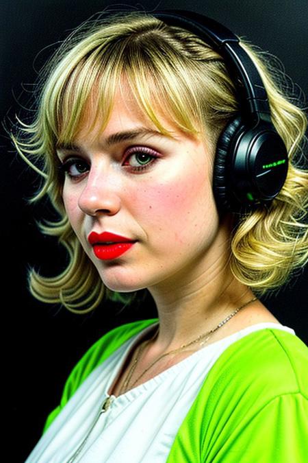 masterpiece, best quality, oil painting \(medium\), real, solo, 1girl, blonde hair, headphones, hair curls, black background, sound waves, green neon, white dress, musical note, red lipstick, medium hair, ringlets, green theme, hand on headphones, frills, puffy sleeves, short sleevesneon background, face close up, dutch view,
