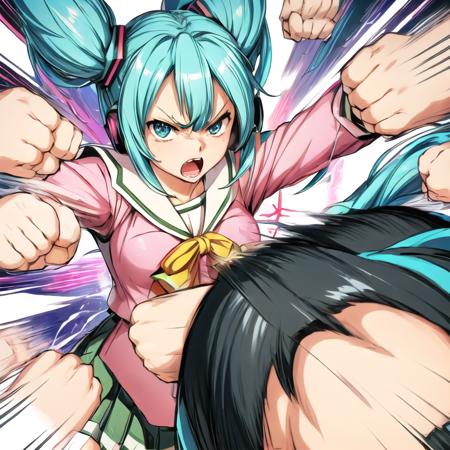 <lora:rapid_punches3:1>best quality,  hatsune miku, female focus, solo, fighting, incoming attack,<lora:pnkserafuku:1>(pnkserafuku:1.2), angry, 
(hyper extreme ultra high speed  countless rapid  punches:1.3),
raised fist, multiple punches, multiple clenched hands,  hokuto hyakuretsu ken,  motion blur, motion lines, looking at viewer, serious, pov, ultra detailed, raytracing, 
<lora:fineline-v2:1> <lora:flat2:-1>