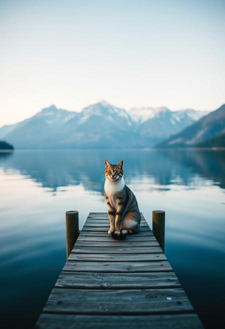 (Soft Lighting Photography by Mimoza Veliu and Mario Giacomelli:1.2), NSFW, Cinematic photography. A photo-realistic shoot of a cat sitting at the end of a jetty on tranquil mountain lake, with mountains in the background,.