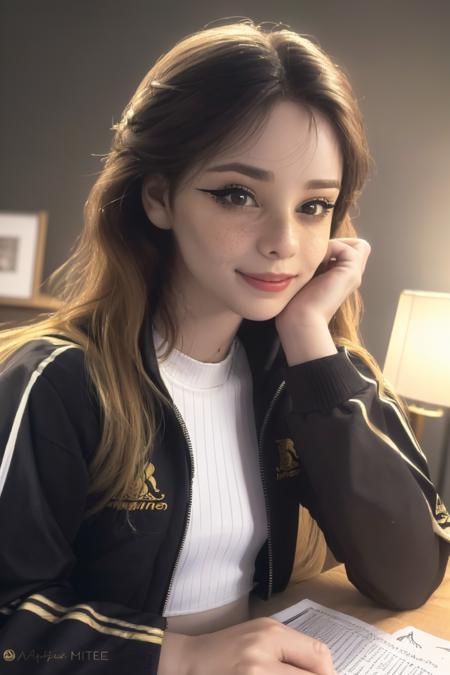 (lenacassandre:1.3), 1girl, young adult, sitting, (upper body:1.1), (small breasts:1.1), long hair, looking at viewer, trans, tracksuit, pagoda, freckles, parted lips, smile, eyeliner, makeup, masterpiece, realistic, intricate detail, detailed, high quality, highres, extremely detailed <lora:lenacassandre_v2:0.9>