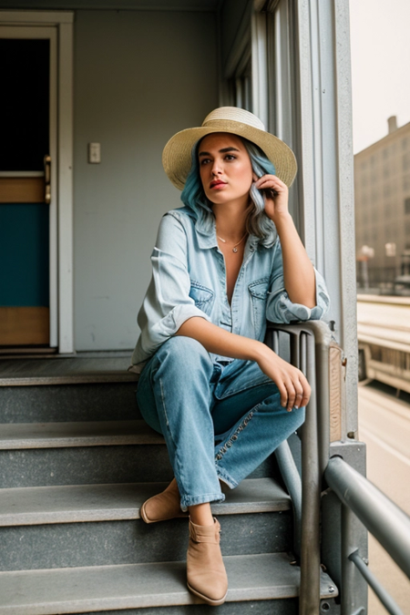 RAW photo, (sassy chic american woman), Sitting on a step or stairs, (style of Walker Evans:1.4), Wide-brimmed hat, flowy blouse, jeans, and booties, Cornrows, Pastel blue hair color, Plus-size (generally refers to clothing sizes above the average range), Music room, (film grain:1.2), (high detailed skin:1.2), detailed skin, skin blemish, 8k uhd, dslr, soft lighting, high quality, film grain, Fujifilm XT3, <lora:skinny_new_skin:0.3> <lora:more_details:0.7>