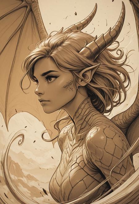 masterpiece, best quality, newsketchcore, close-up, side view, , 1girl, monochrome, sepia,
Dragon girl, swooping, wings spread, swirling winds, 
 dynamic pose, proud look, powerful dramatic scene