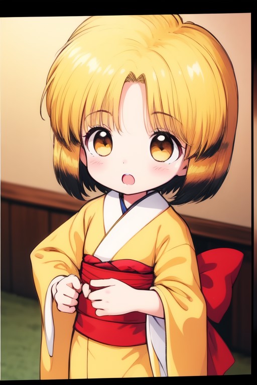 <lora:nyannyan:0.8> nyannyan, 1girl, solo, blonde hair, japanese clothes, Yellow_kimono,  Yellow_obi, open mouth, brown ey...