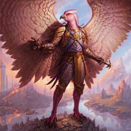 masterpiece, best quality,((solo)),  painting of Aven  a Neon Pink bird man  wearing armor, medieval setting, standing in a moor, dusk <lora:Aven:0.9>