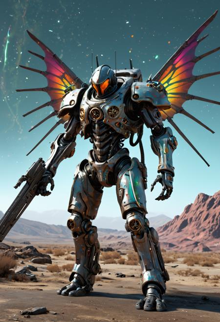 A fully enclosed biopunk mechsuit with scifi insect wings. A merge of a spaceship, fantasy knight and spacemarine. The mechsuit wears a tattered robe. The mechsuit is a mix of rainbow paint spatters and grim moody aesthetic. Dynamic pose, holding a large scifi laser weapon. Full length image. Background is alien landscape on an alien planet. <lora:EpicF4nta5yXL:0.35> . award-winning, professional, highly detailed . extremely high-resolution details, photographic, realism pushed to extreme, fine texture, incredibly lifelike, high contrast, well defined, <lora:Zariman_PONY:1>