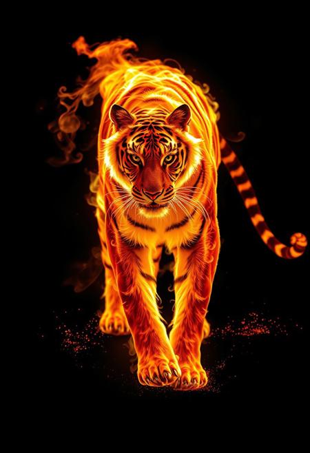 A full body shot of an ethereal tiger composed entirely of flowing fire, each part of its body formed by flickering flames that dance and swirl as it walks slowly toward the camera. Its form shifts with vibrant, intense shades of orange, red, and hints of blue at the hottest points, creating a mesmerizing, liquid-like effect. Trails of embers and sparks flow off its fiery body, and the background is pitch black, making the fire's glow the focal point. Shot with a Sony A7S III, 85mm lens, high contrast with dynamic, fluid VFX emphasizing the fire's movement