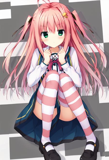 1girl yatokukuru pink hair pink striped thighhighs