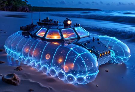 vibrant colors, shiny_skin, prefect lighting, detailed image, snoozing, masterpiece, best quality, highly detailed, ultra quality, 3DMM, 
bioluminescence, lumina, bubble, reflective, 
(Armored vehicle, tanks), 
On the beach, outdoors, neon lights, glowing, glowing sea, night, moon, moonlight,