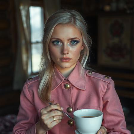 iphone 8 photo of Oksana Akinshina, silver blond hair, green eyes, wearing a pink military uniform, in an old slavic cabin, grainy footage, lots of freckles, serving an english breakfast