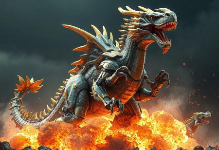 "Imagine a majestic, mecha-anthropomorphic Tyrant Dragon dinosaur from a grey and gold Jurassic World, inspired by Gatōken Shunshi and resembling a lion. Picture it in a full-body sarcastic pose, headless with a locked and loaded attitude amidst a grand explosion. This awe-inspiring live-action adaptation, available on eBay, showcases intricate details, vibrant colors, and dynamic composition, integrating elements of patreon, mecha, and glorious design. Envision it as a high-resolution, 4K artwork with stunning colors, sharp lines, and harmonious aesthetics. This unique piece, reminiscent of works by Peter Mohrbacher, Wadim Kashin, Greg Rutkowski, and other renowned artists, would make an exceptional addition to any art aficionado's collection. Trending on ArtStation and CGSociety, this 16K masterpiece, created with Octane Render and Unreal Engine 5, delivers an unforgettable visual experience."