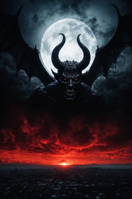 the devil in the sky, early morning. (nightmare scene), 8k, ultra, impactful, professional, clear, high contrast, high saturated, vivid deep blacks, crystal clear picture view.