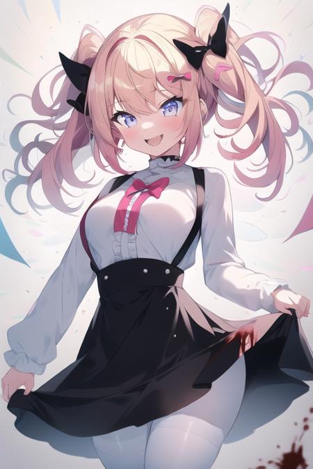 masterpiece, best quality, 1girl, bangs, black_skirt, blonde_hair, blood, bow, clothes_lift, cowboy_shot, eyebrows_visible_through_hair, fangs, frills, hair_between_eyes, lifted_by_self, long_hair, long_sleeves, looking_at_viewer, pantyhose, shirt, skirt, skirt_hold, skirt_lift, smile, solo, suspender_skirt, suspenders, very_long_hair, white_bow, white_legwear, white_shirt, wings