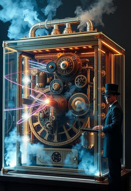 Inside of its glass case a fantastical steampunk quantum computer bends time and space. Beams of energy swirl and dance around the intricate clockwork gears and cog wheels. Steam issues from a bank of pipes along the top of the cabinet. Outside of the case a steampunk engineer, resplendent in his uniform wearing a top hat and goggles, stands at a keyboard to one side. This striking steampunk image, envisioned as a high resolution digital image, showcases the machine's ornate design and cutting-edge functionality. Every detail is meticulously rendered, creating a visually stunning masterpiece that captivates the viewer with its intricate beauty and technological brilliance.