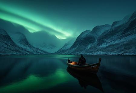 landscape, Norway, mountains, sea, fog, rain, 1 small wooden boat, jetty, armoured knight sitting on the boat, longing for a brighter future. the boat is in the middle of the water,  northern lights,the knight is big compare to the boat , ultra tiny oil lamp light underseat of the boat,
high contrast, stylized, clear, surreal, ultra quality , 8k, best quality, masterpiece, textural, artistic, midjourneyv6.1,