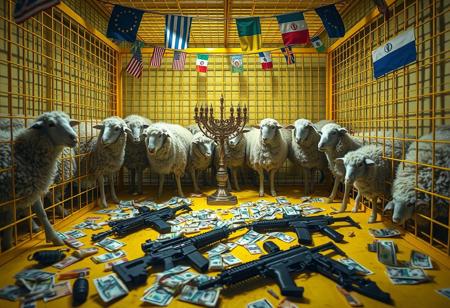 Inside a large, bright yellow cage, a mix of anthropomorphic sheep and humans interact, showcasing a blend of both species’ features in a surreal tableau. In the center of the cage, a menorah stands prominently, adding a layer of symbolism to the scene. The environment is illuminated with creepy lighting that casts unsettling shadows, enhancing the eerie atmosphere, while a pastel color palette softens the overall look. Scattered across the floor are euros and dollars, lying chaotically alongside hand grenades and M16 rifles. Above the cage, European Union, USA, Ukrainian, Israeli, and Iranian flags wave gently. The image captures a rich depth of field, emphasizing the contrast between the lively figures and the ominous presence of weapons and money