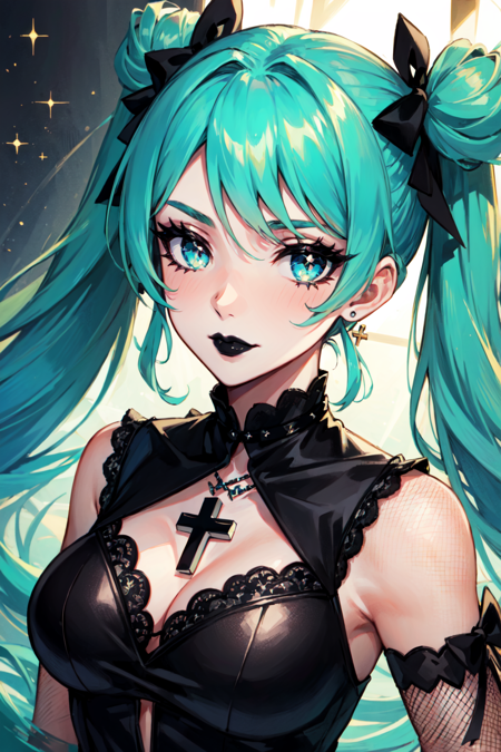 masterpiece, best quality,  1girl,  solo, long hair, twin tails, hair buns, green hair,bangs,  makeup, black lips, lipstick, mascara, eyeshadow,  cross necklace, hair bow, front bow,  lace jacket, sexy, lace gloves, fishnets, black leggings, Pastel goth, dynamic angle, side lighting, shiny skin, detailed eyes, detailed face, water flowing, wind swept hair, glitter