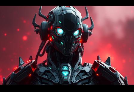 Create a high-quality artwork of a robot-chaos marine, a male god of death, with a shorter neck and blackness instead of eyes, inspired by the styles of Dorian Cleavenger, Greg Rutkowski, Wlop, Astri Lohne, and Zdzisław Beksiński. Combine technology and fantasy elements to create a unique piece. Incorporate terror glows and a sense of cursed image. Ensure the artwork is coherent, symmetrical, and trending on Artstation. Output should be in 8K resolution, with a focus on micro details and HQ/HD quality.